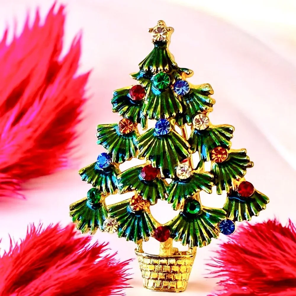 EISENBERG ICE Vintage Christmas Tree Brooch Green Enamel & Rhinestones Signed